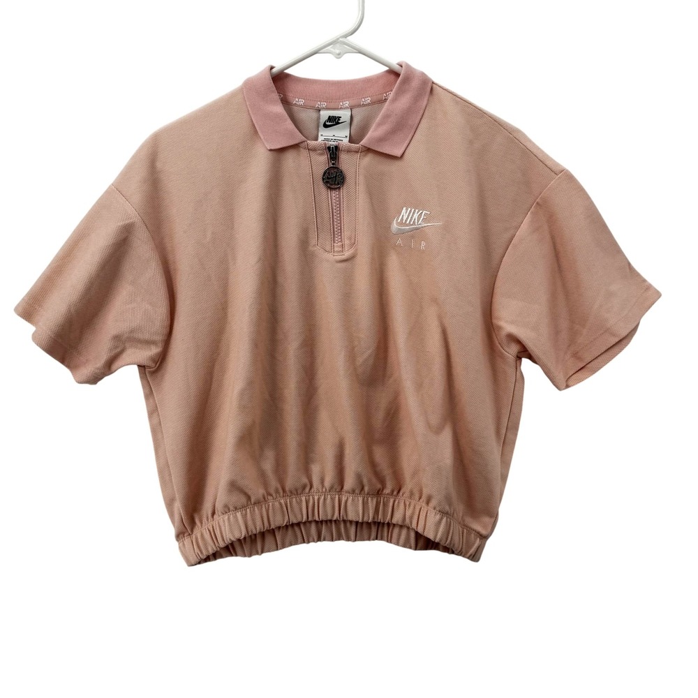 Nike Air Polo Shirt Womens Medium Pink Quarter Zip Cropped Elastic Hem Swoosh